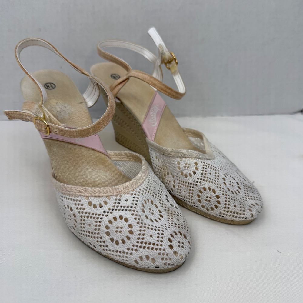Vintage Coasters White Crochet Lace Espadrille Wedge Sandals Pink Trim 8.5